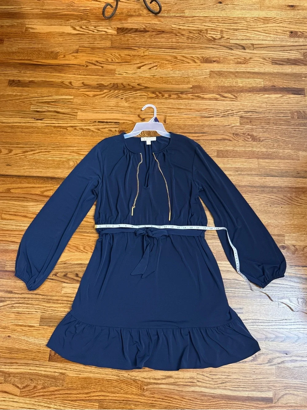 Michael Kors Navy Long-Sleeve Ruffle-Hem Dress with Tie Waist and Gold Accents